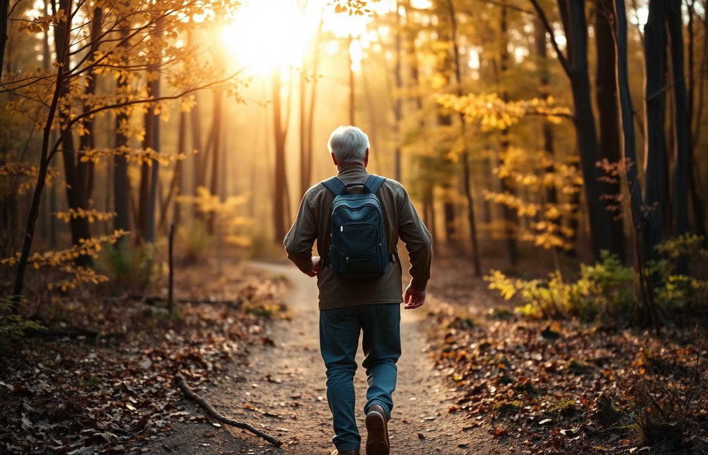 A mature couple walking a quiet autumn forest trail in golden hour light