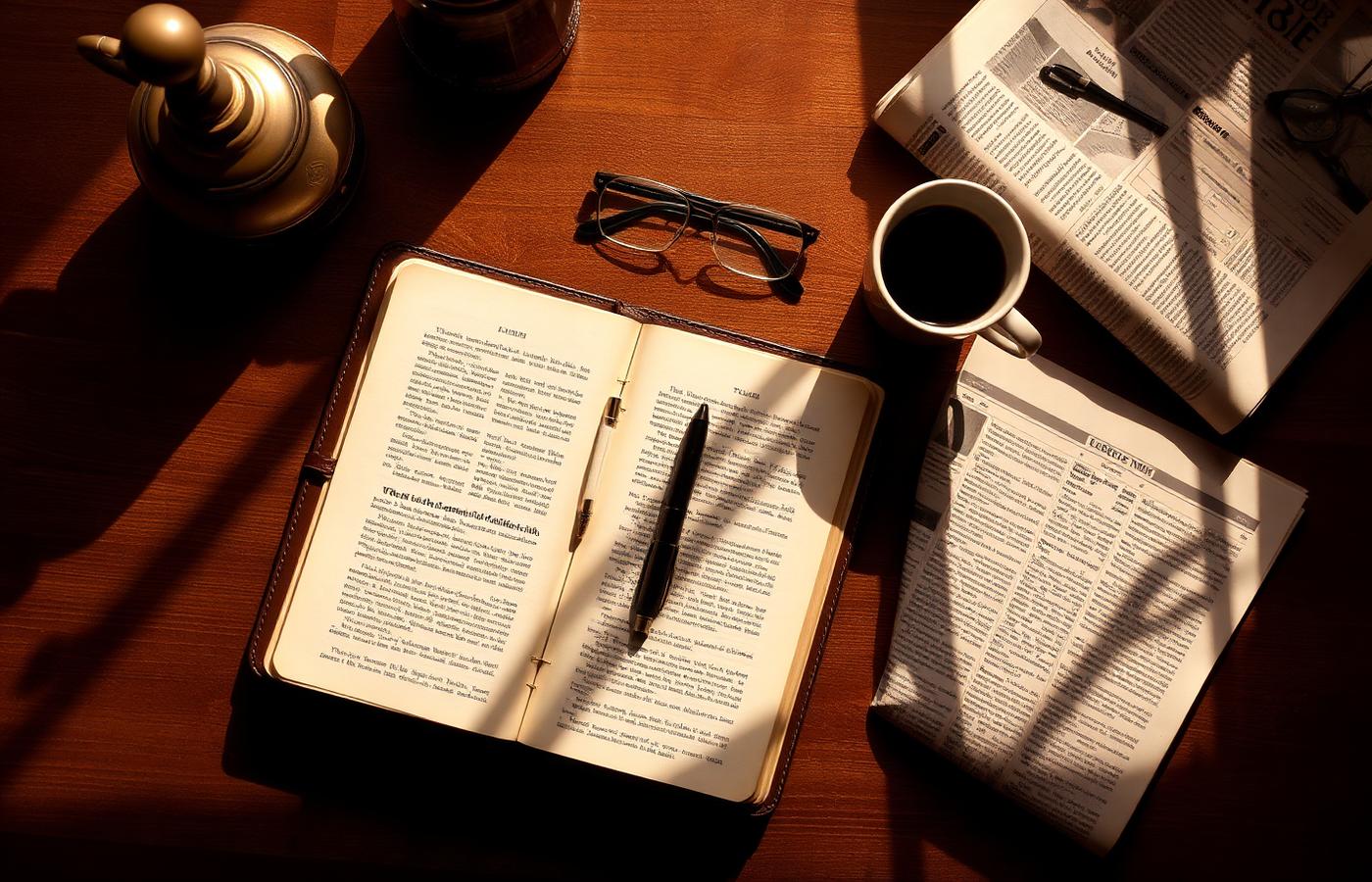 An overhead view of a writing desk with an open notebook, fountain pen, reading glasses, coffee, and a folded newspaper in warm morning light