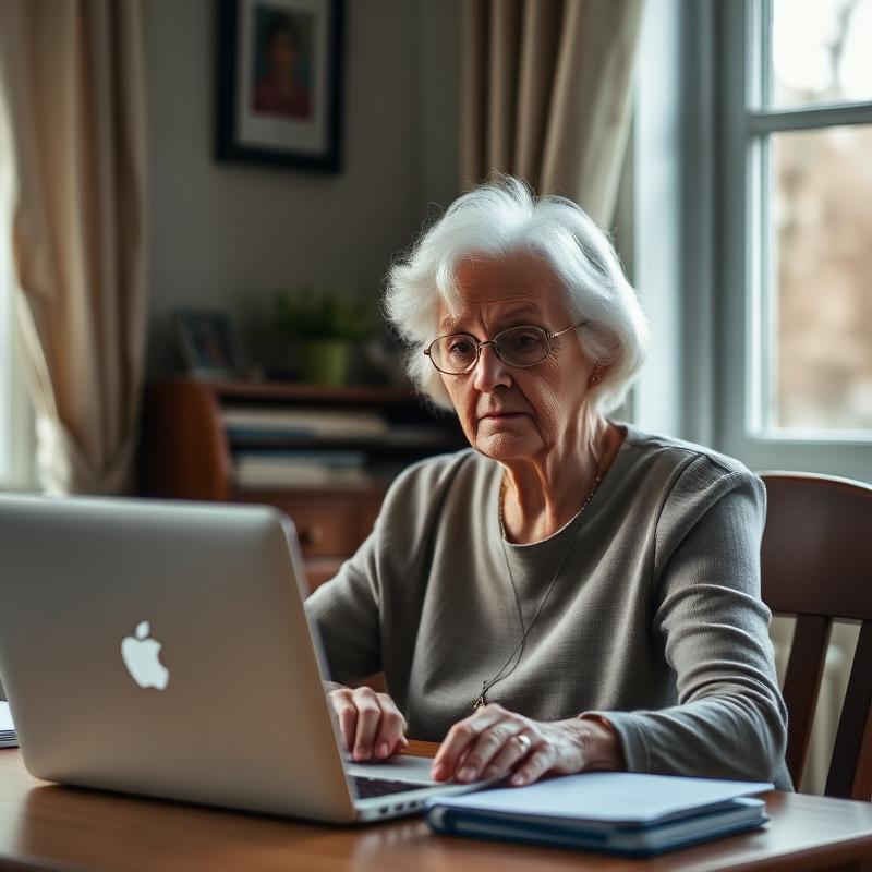White widowed woman in her early sixties at her home desk reviewing options on a laptop