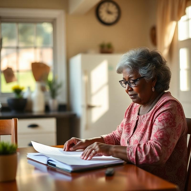 Black retired teacher in her late fifties at her kitchen table reviewing insurance paperwork