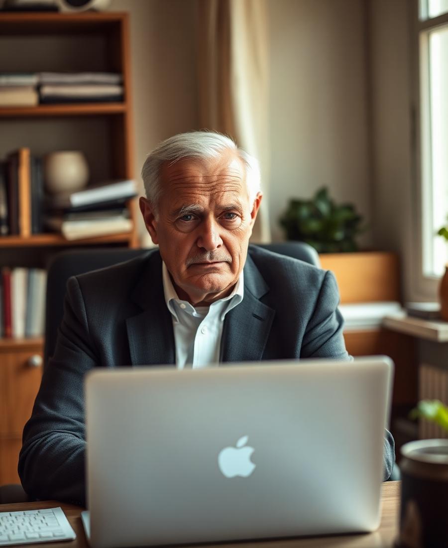 A dignified man in his early sixties at a home office desk, contemplative, reviewing options on a laptop